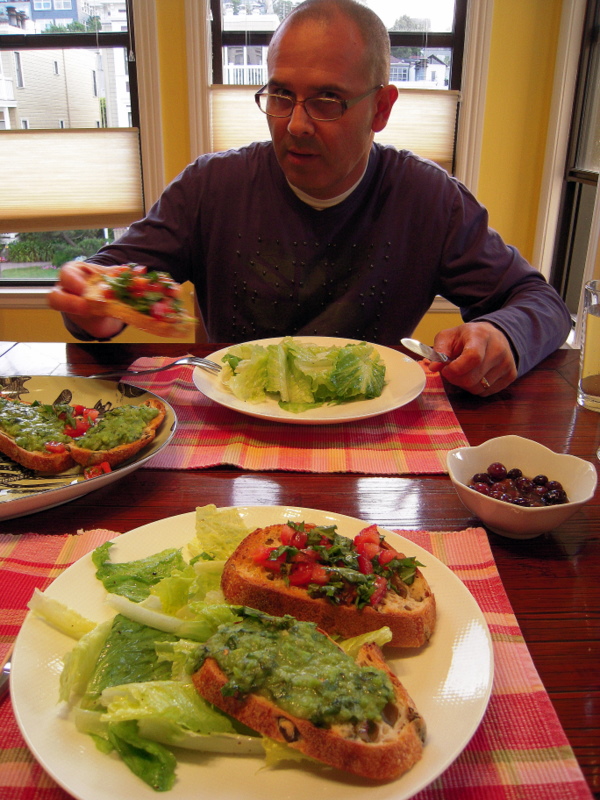 dining on fava and tomato/basil topped bruschetta