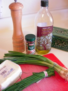 some ingredients for spring onion, chive and feta pasta