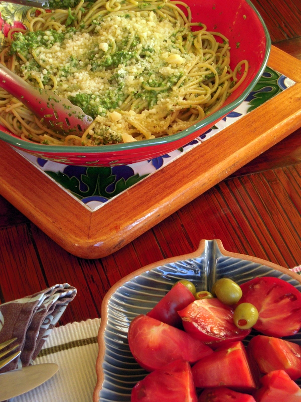 basil pesto American style with an heirloom tomato salad