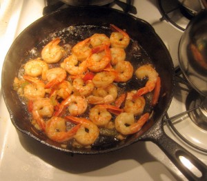 stir frying the previously frozen shrimp