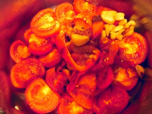 roasted tomatoes, peppers and garlic ready to become soup
